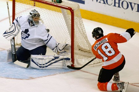 Mike Richards puts one of his non-All Star worthy 44 points past Toronto's Vesa Toskala in Saturday's 4-1 Flyers win.